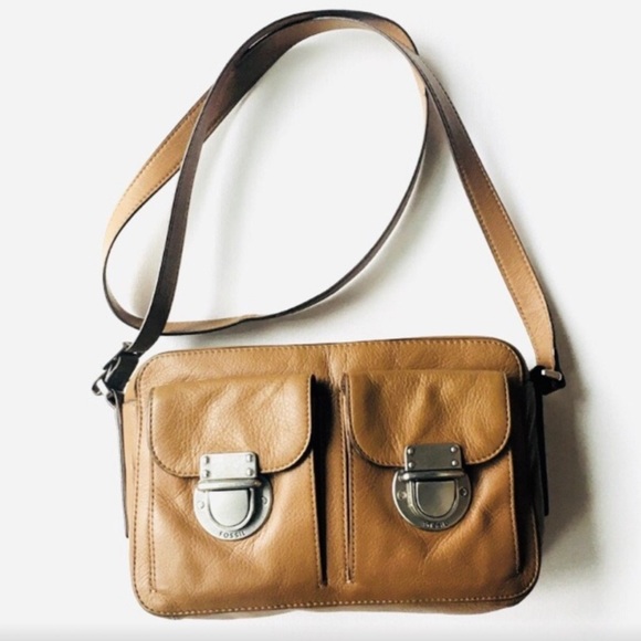 Fossil Riley Carmel Brown Leather Double Buckle Crossbody Bag - Picture 2 of 6